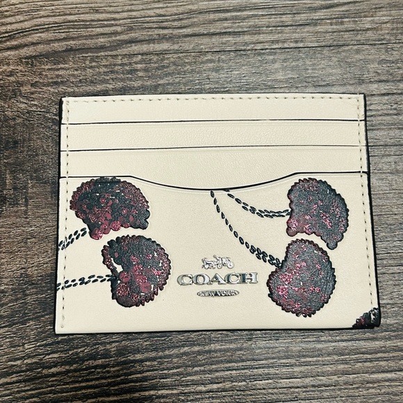 Coach Chalk Cherry Glitter Print Card Holder NWT